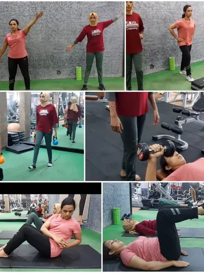 A collage from our practical mentoring program for fitness trainers. It showcases a variety of exercises, including kettlebell carries, dumbbell presses, and core work, demonstrating the comprehensive nature of our hands-on coaching.