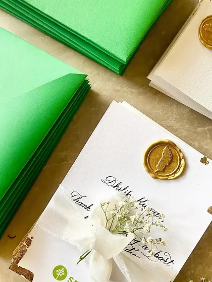 For the third year in a row, I had the privilege of creating celebratory stationery for Sequoia. These minimalist cards feature digital calligraphy, a custom wax seal, a silk ribbon, and a sprig of baby's breath.