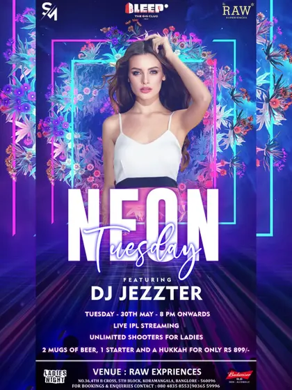 Another "Neon Tuesday" event poster, highlighting live IPL streaming alongside my DJ set. I can create a great vibe for any occasion.
