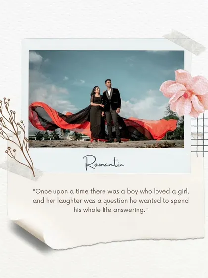 A romantic, scrapbook-style image from a Kerala pre-wedding shoot, combining a beautiful portrait with a quote about love and laughter.