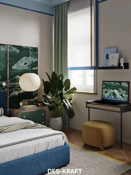 This view shows the functional corner of the bedroom, with a minimalist desk and stool providing a simple yet stylish workspace.