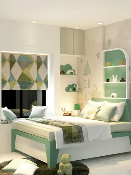This child's room from our 'Contemporary Fusion' project in Pune features a soft green color palette, cloud-shaped shelves, and a cozy window seat.