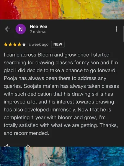 This parent shares their satisfaction after their son completed a year with us, noting immense improvement in his drawing skills and interest, thanks to the dedication of our teachers.