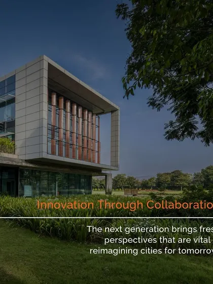 A graphic highlighting innovation through collaboration. We believe the next generation of architects brings fresh perspectives that are vital in reimagining cities for tomorrow.