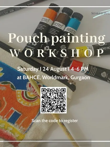 A poster for our pouch painting workshop in Gurgaon, inviting you to join our creative journey and make something unique.