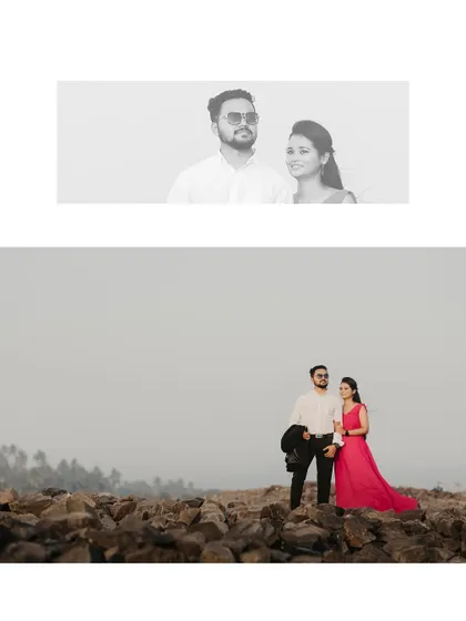 A collage combining a wide shot on the rocks with a black and white close-up, showing different moods from the same session.