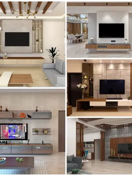 This collage presents a variety of TV unit concepts, from minimalist floating shelves to elaborate wall-to-wall installations, showcasing my ability to adapt to different styles and living room sizes.