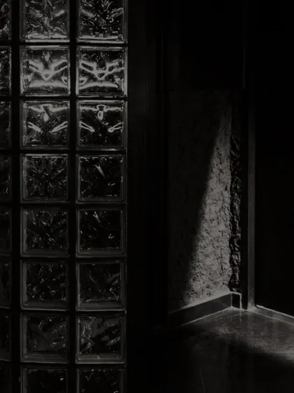 An enigmatic realm of lights and shadows. The glass block wall is a signature element, casting distorted reflections and adding to the mysterious atmosphere of the space.