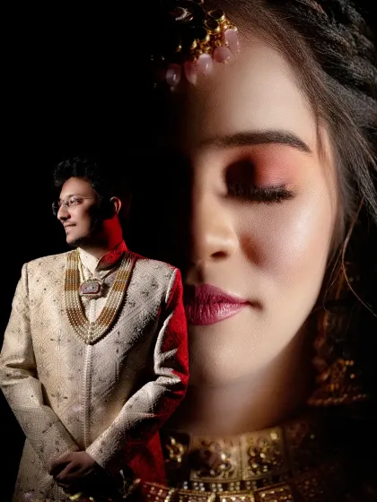 A creative double exposure combining a portrait of the groom with a close-up of the bride. A beautiful way to visually represent their connection.