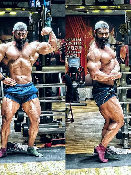 A combination of the front double bicep and most muscular poses. This shot emphasizes the fullness of the chest, shoulders, and arms.