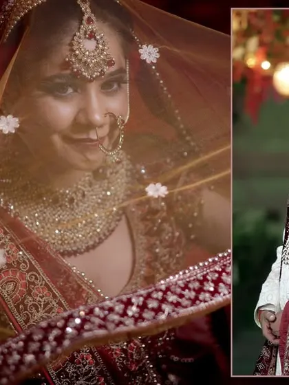 A classic album layout combining a portrait of the bride under her veil with a portrait of the groom.
