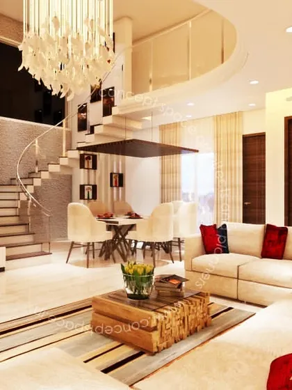 A view of a double-height living room in a duplex home. The design features a grand spiral staircase, a statement chandelier, and a comfortable seating arrangement, creating a sense of spaciousness and luxury.