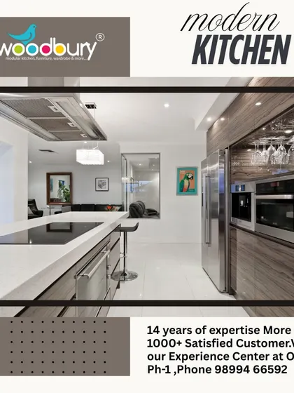 A modern kitchen concept with wood-grain cabinets and a large island with an integrated hob. The built-in wine glass rack is a thoughtful touch for those who love to entertain.