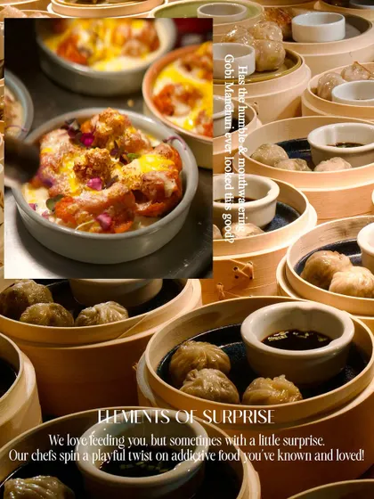 A collage showing the elements of surprise I bring to my events, from playful twists on classic food to thoughtful decor.