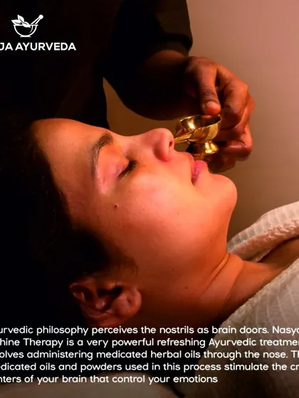 A client receiving Nasyam therapy. This powerful treatment involves administering herbal oils through the nostrils to stimulate crucial brain centers and clear the channels of the head.