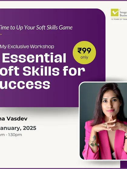 Did you know that 80% of success comes from soft skills? That's why I'm hosting my "7 Essential Soft Skills for Success" workshop. For just ₹99, you can learn to build a strong self-image, communicate with clarity, and make confident decisions.