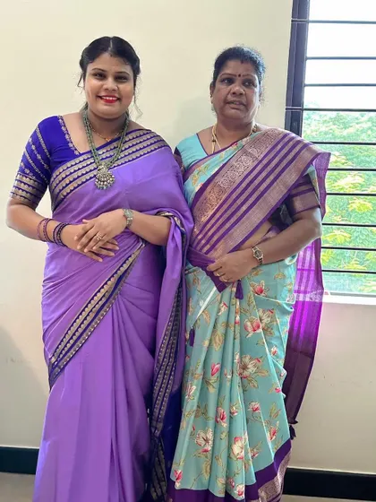 It brings me so much joy to see both mother and daughter dressed in our trending sarees. Here they are in a beautiful lavender Mysore crepe silk and a floral printed silk.