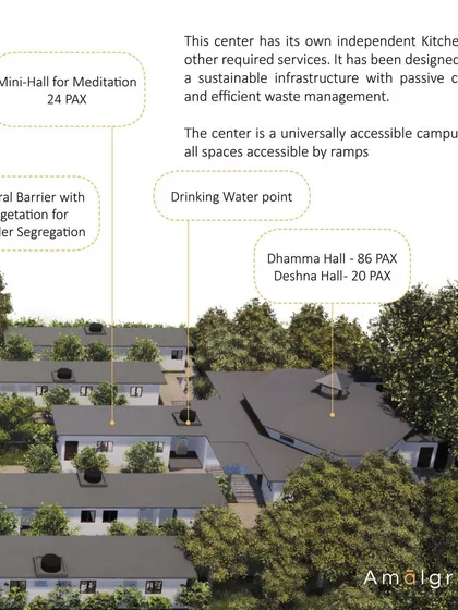 A duplicate of 61, this render highlights key features of the meditation center, including the main Dhamma Hall and natural vegetation barriers.