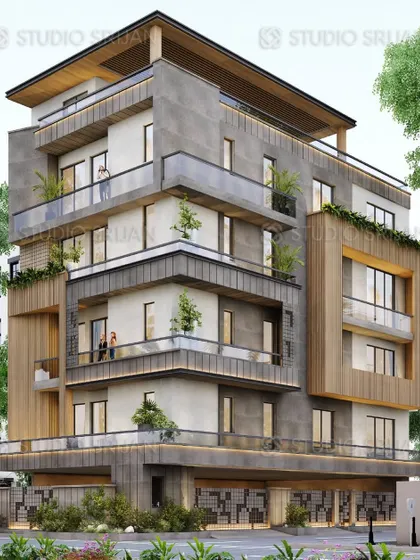 A corner view of the Pitampura project, offering a better look at the cantilevered sections and the relationship between the different materials used.