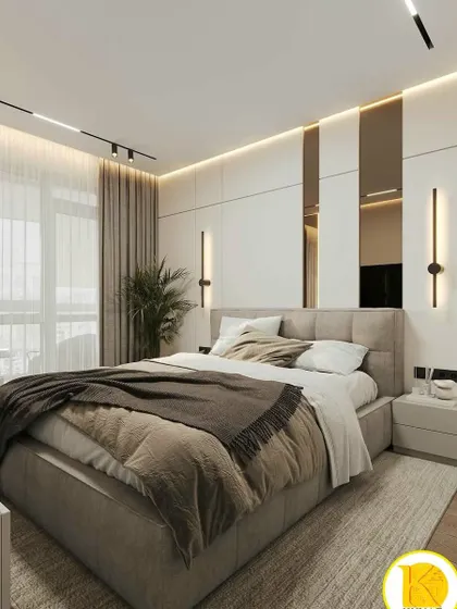 A close-up of the bed and headboard, showing the detail of the vertical mirror inlays.