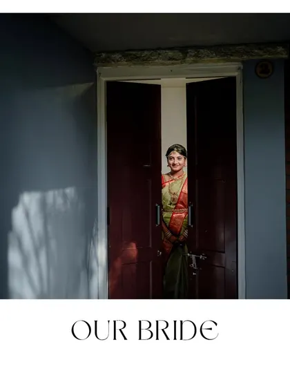 A sweet and candid shot of "Our Bride" peeking through a doorway, a moment of playful anticipation.