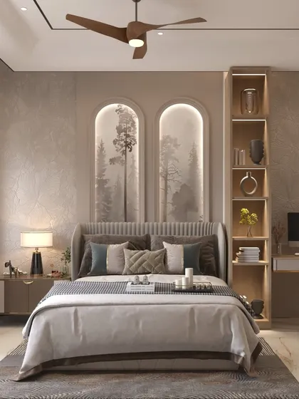 A bedroom that feels like a retreat, with a serene forest-themed wallpaper set within arched niches. The design includes a built-in bookshelf and a sleek study desk, making it a perfect personal space.