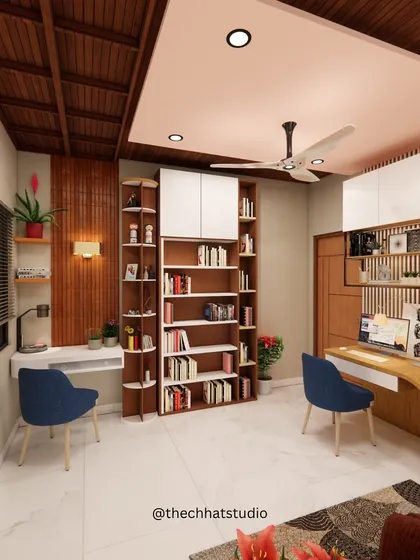 A full view of the dual-workstation study room. The design balances shared elements like the central bookshelf with individual desks, creating a space that is perfect for collaborative work or independent study.