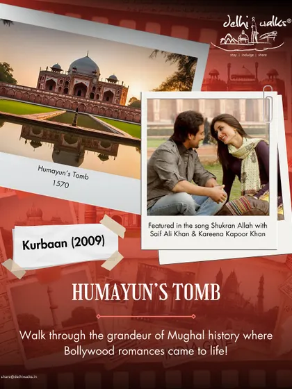 Humayun's Tomb, featured in the song 'Shukran Allah' from the movie Kurbaan. Its grandeur has made it a favorite for filmmakers looking for a touch of Mughal romance.
