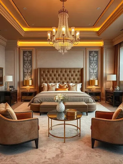 A luxurious neoclassical bedroom with a rich color palette of brown and gold. The design features ornate wall panels, a stunning chandelier, and a comfortable seating area.