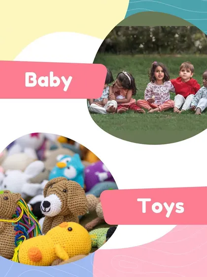 From cuddly crochet toys to babies enjoying the outdoors, this graphic captures the essence of the baby and toy products you'll find.