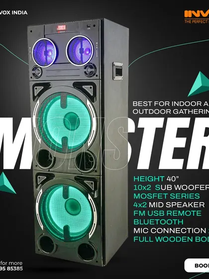 Perfect for any gathering, this Monster series speaker stands 40 inches tall and is built with a full wooden body. It includes dual 10-inch subwoofers and two mic connections for karaoke.