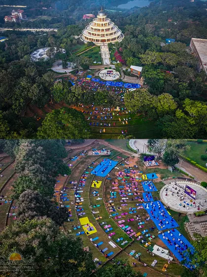 An aerial view of our community meditating together for World Meditation Day. This image shows the scale of our collective intention for peace, with hundreds gathered at our center's amphitheater to experience oneness and stillness.