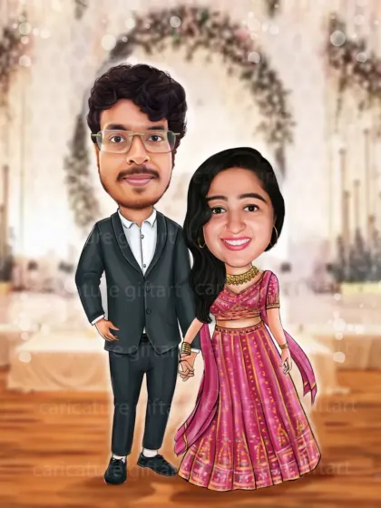 A sweet and simple couple caricature, perfect for an engagement announcement or a personal gift. The focus is entirely on the couple's happy expressions and their stylish reception outfits.