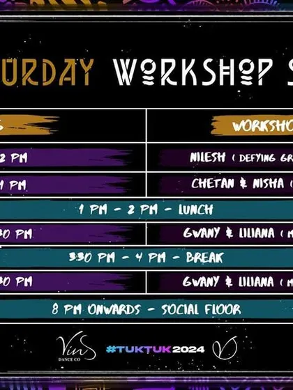 The Saturday schedule for our Tuk Tuk festival. The day is packed with workshops on Urban Kiz techniques and a 6-hour Tarraxo masterclass with the creators themselves, Gwany and Liliana.