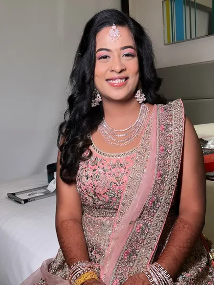My stunning bride Ritu, who traveled from Bangalore for her engagement makeup. I created a soft pink-toned look to match her lehenga, with glowing skin and defined eyes.