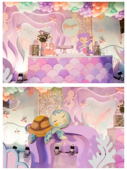 A duplicate image showing the charming details of our mermaid theme, from the scale-patterned bar to the adorable turtle prop.
