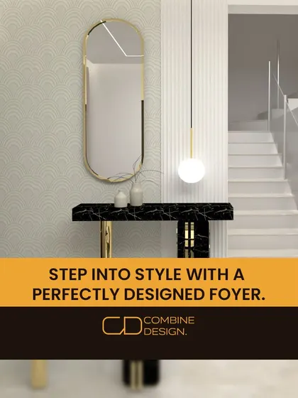 Step into style with a perfectly designed foyer. This concept uses a black marble console table, a gold-framed mirror, and a single pendant light to create a look of minimalist luxury.