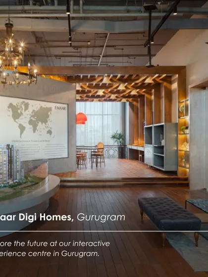 The Emaar DigiHomes Experience Centre in Gurugram, designed as an interactive and futuristic sales lounge. The space combines a physical model of the property with comfortable seating areas and modern aesthetics.