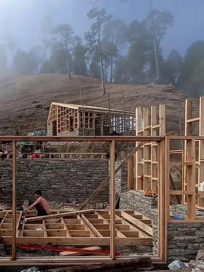 Mist rolls through the valley as the timber framing for our Vasudev guesthouses progresses. Building in the Himalayas means adapting to ever-changing weather conditions, with slow and steady progress marking the path forward.