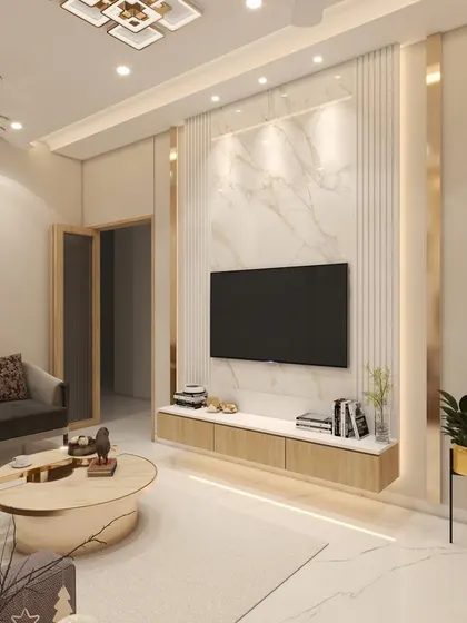 A render of the TV wall for the same Mahalaxmi project. It provides a clear view of how the backlighting, floating console, and different panel materials work together to create a sophisticated focal point.