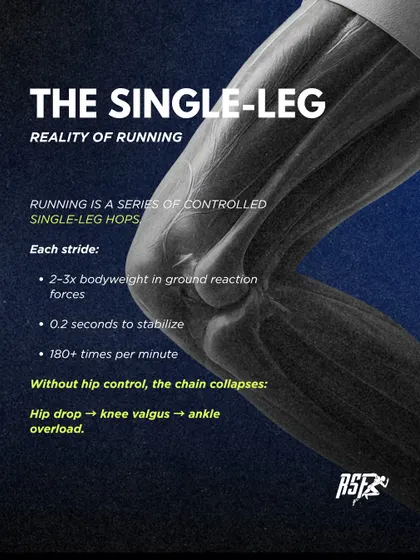 Running is a series of controlled single-leg hops, with each stride generating 2-3 times your bodyweight in force. Without hip control, this chain collapses, leading to overload elsewhere.