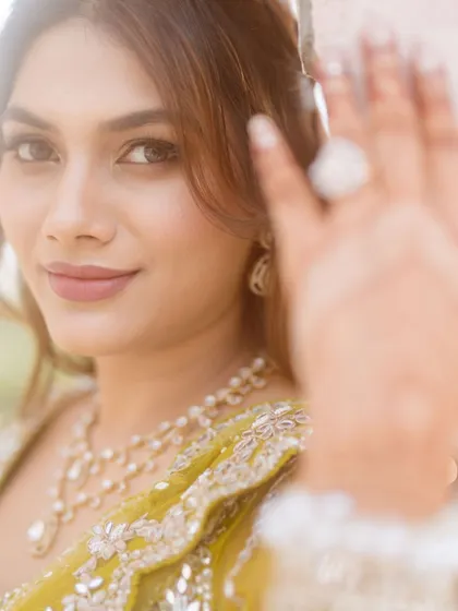 A close-up portrait of the bride, looking absolutely stunning.