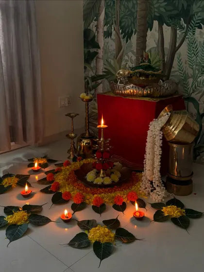 Another angle of the Janmashtami decor. The peepal leaf diyas are a simple and traditional touch.