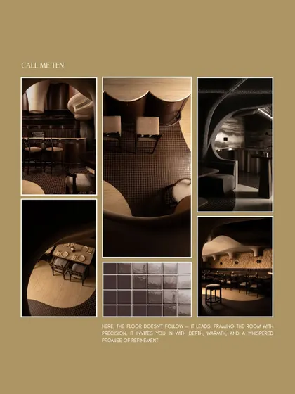 This mood board for the "Call Me Ten" project illustrates how the flooring leads the design. The dark, moody grid tiles frame the room, inviting you in with depth and a promise of refinement, setting the tone for the entire sculptural space.