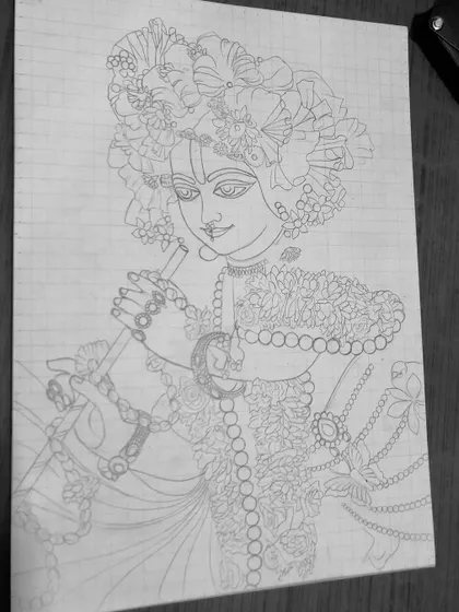 The initial grid sketch for the detailed Krishna portrait. This is a crucial step to ensure all the proportions and details are perfect before I start painting.