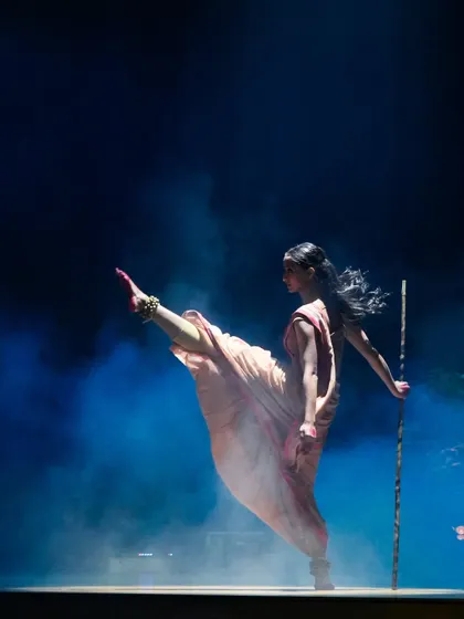 A dynamic action sequence from 'Sitayana', blending martial arts-inspired movement with classical dance forms. This highlights my ability to choreograph high-energy, physically demanding pieces.