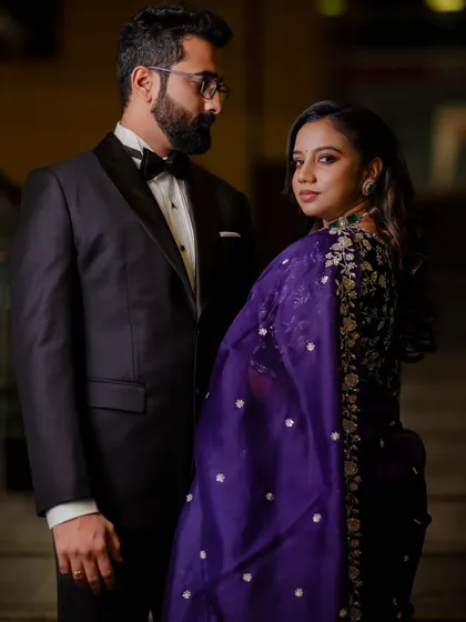 A beautiful couple portrait from the reception. Tejaswini's makeup is elegant and timeless.