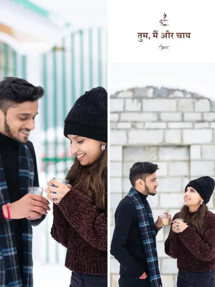 A stylish diptych with the title 'Tum, Mein aur Chai'. These portraits of Nikul and Sejal sharing tea in the snow are a perfect blend of romance, style, and warmth.