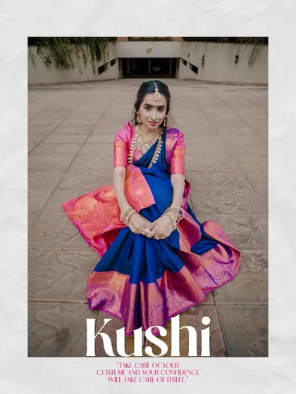 A seated pose from the "Kushi" series, showcasing the beautiful drape and color of the saree. This demonstrates a variety of poses within a single portfolio shoot.