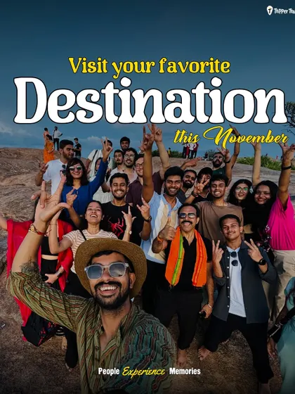 "Visit your favorite Destination this November." A large, happy group photo from a Hampi trip, encouraging you to join the fun.
